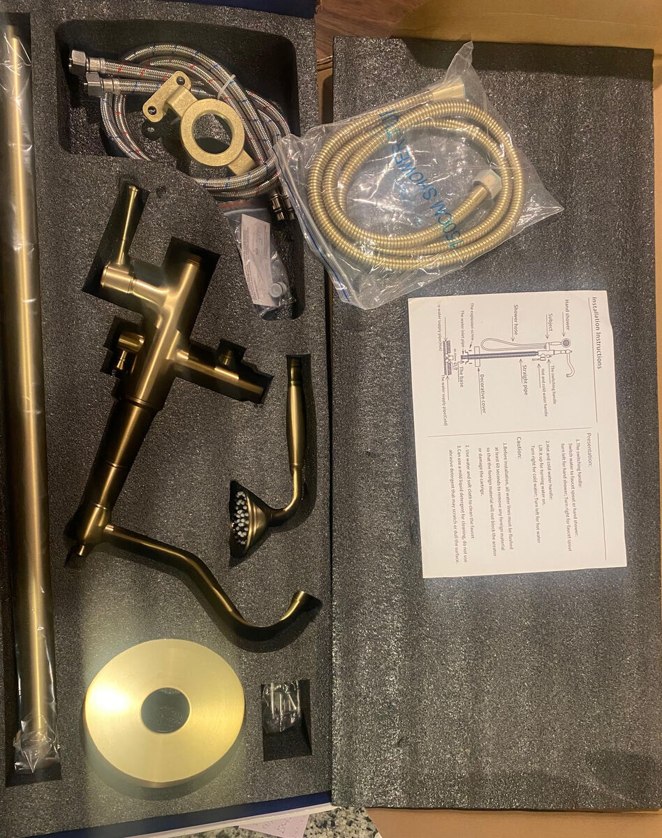 Freestanding Bathtub Faucet – Brushed Brass Luxury Floor Mount Tub Filler with Handheld Shower