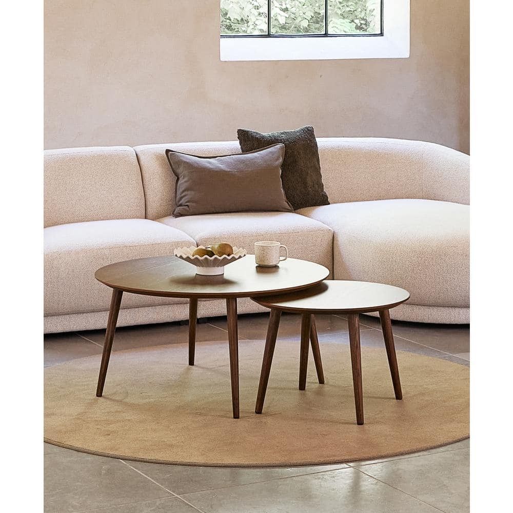 New in box! Set of 2 Smoked Oak Circular Nestable Side Tables