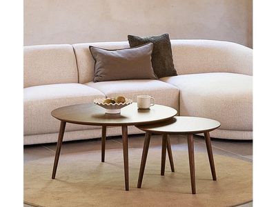New in box! Set of 2 Smoked Oak Circular Nestable Side Tables