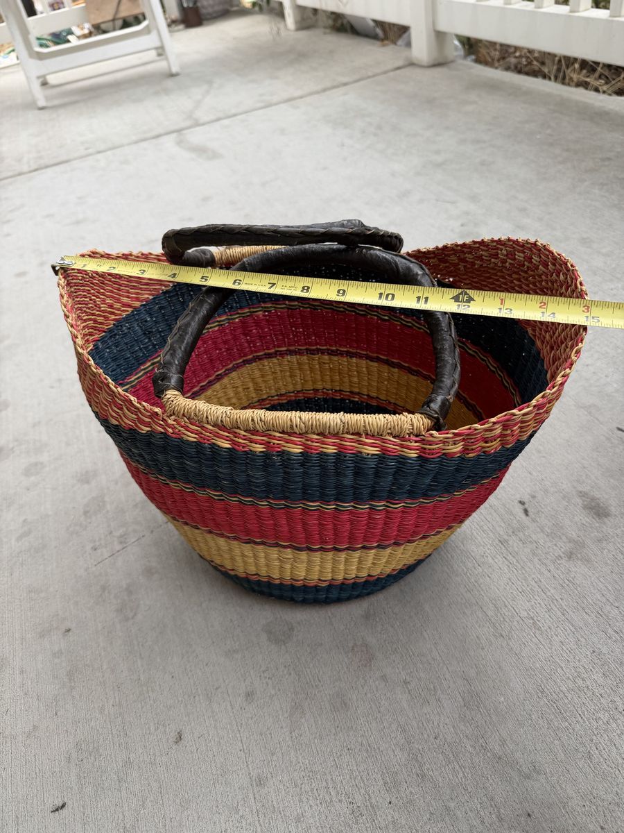 Handmade Woven Colorful Storage Basket with Leather Handles, 10.5" Tall