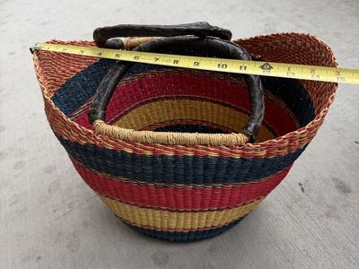 Handmade Woven Colorful Storage Basket with Leather Handles, 10.5" Tall