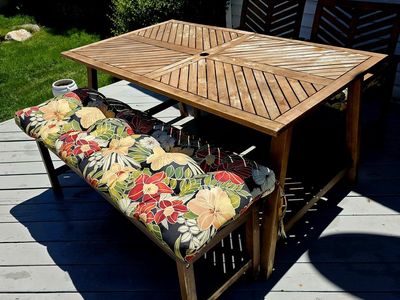 Real Teak Wood Dining table bench and chairs With Cushions.