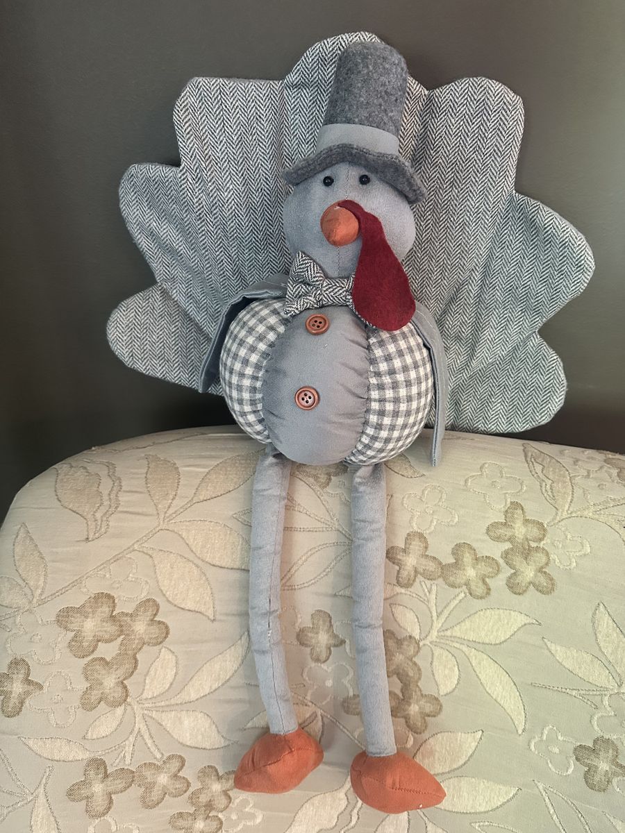 Thanksgiving Turkey Decor Plush Weighted Dapper Grey Checkered Holiday Decoration