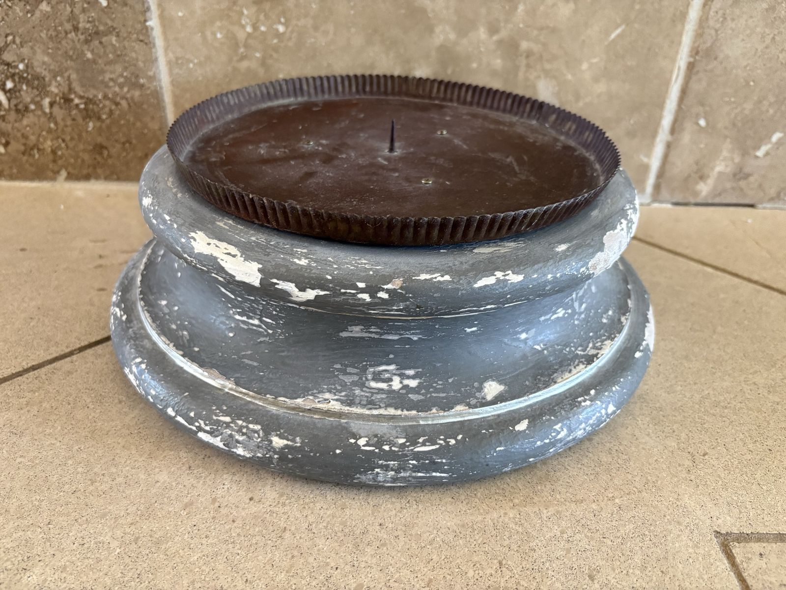 Really Large Candle Holder Pedestal Wood W/ Chipping Paint