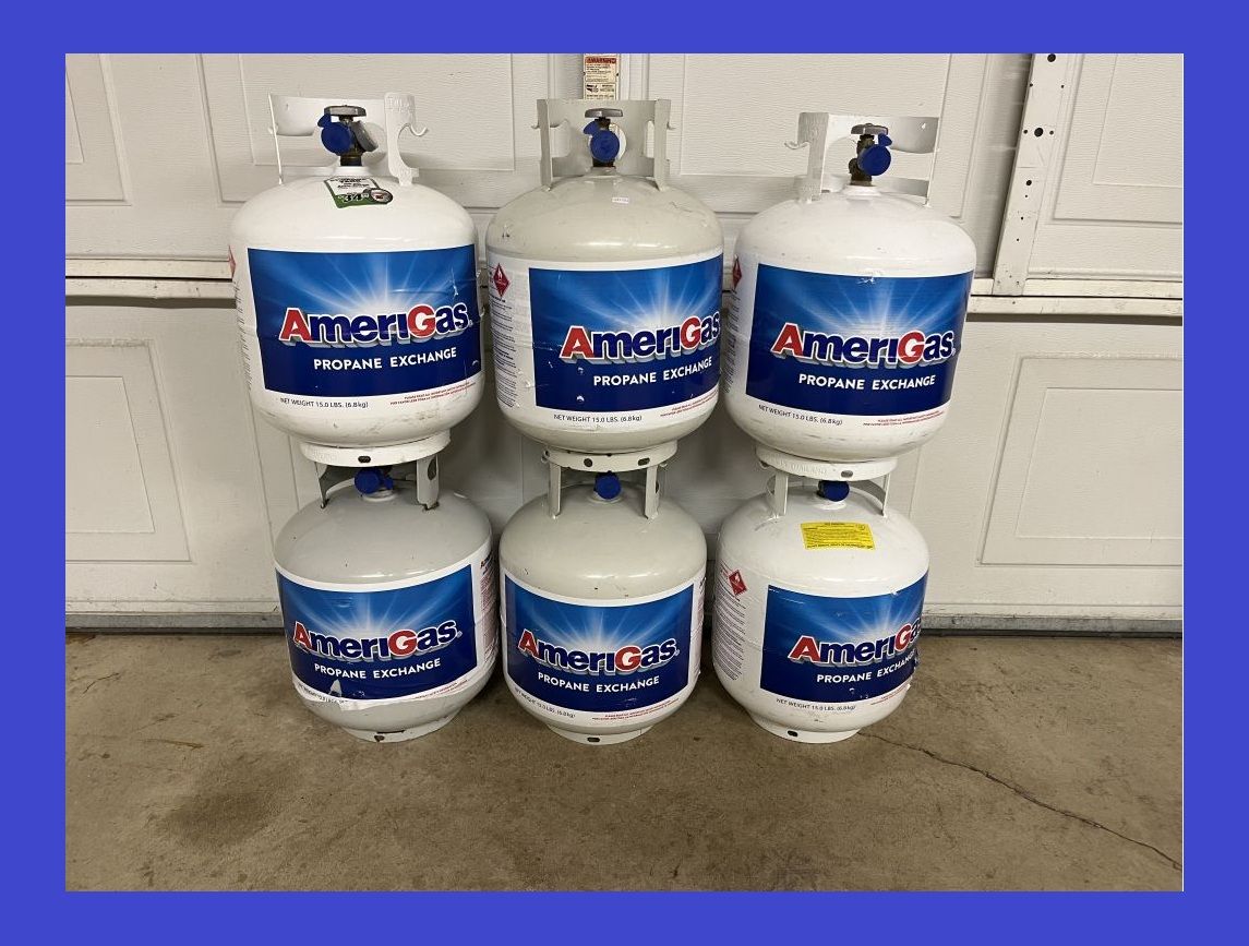 FULL - 5 Gallon 20 lb. Propane LP Gas Cylinders/Tanks/Bottles for BBQ, Grill, Fire Pits, Heaters, Trailers, RVs... LPG 20lb