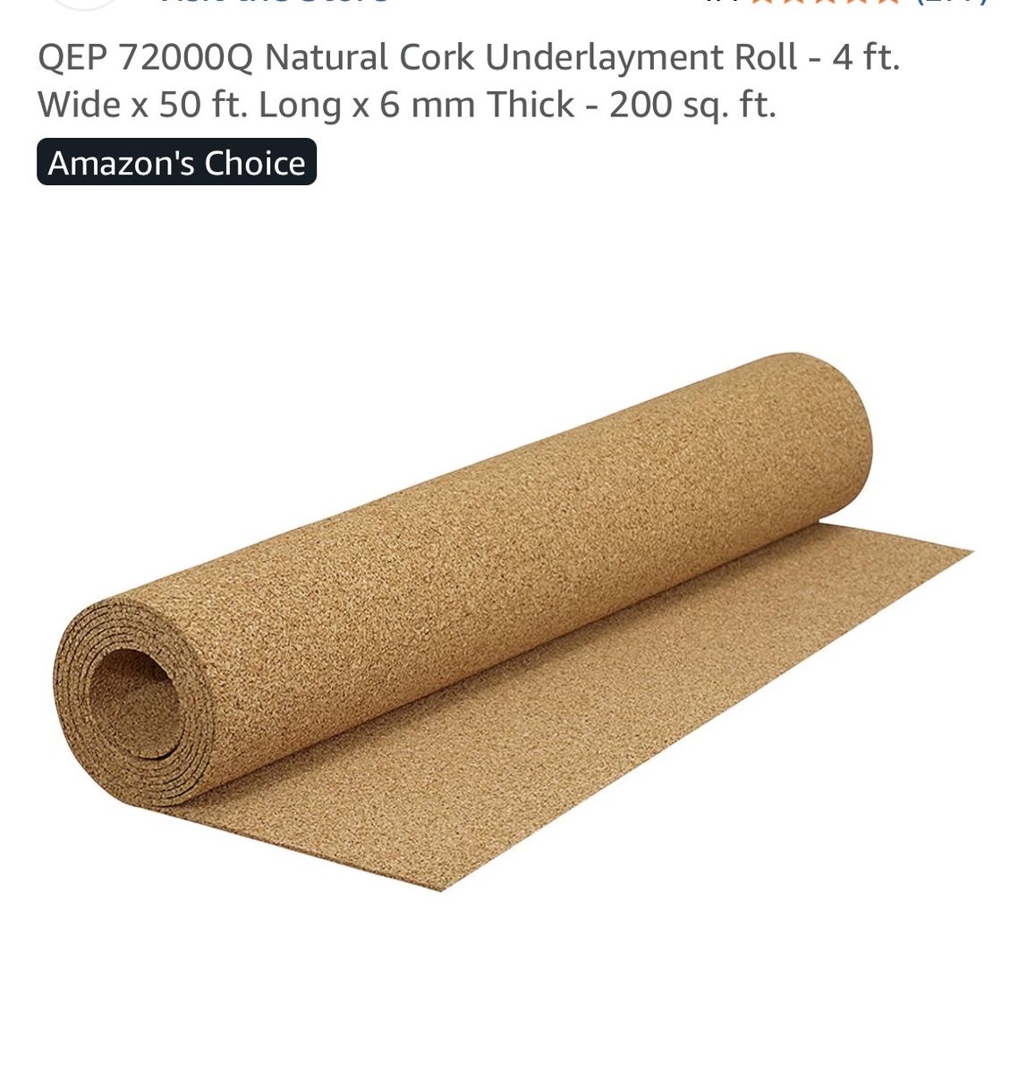 QEP 72000Q Natural Cork Underlayment Roll - 4ft x 50ft (200 sq. ft.), 6mm Thick for Flooring