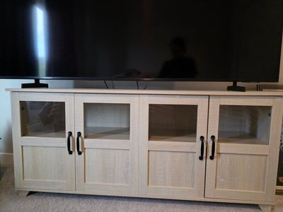 Light Oak TV Stand Media Console with 4 Glass Frame Doors & Interior Shelving
