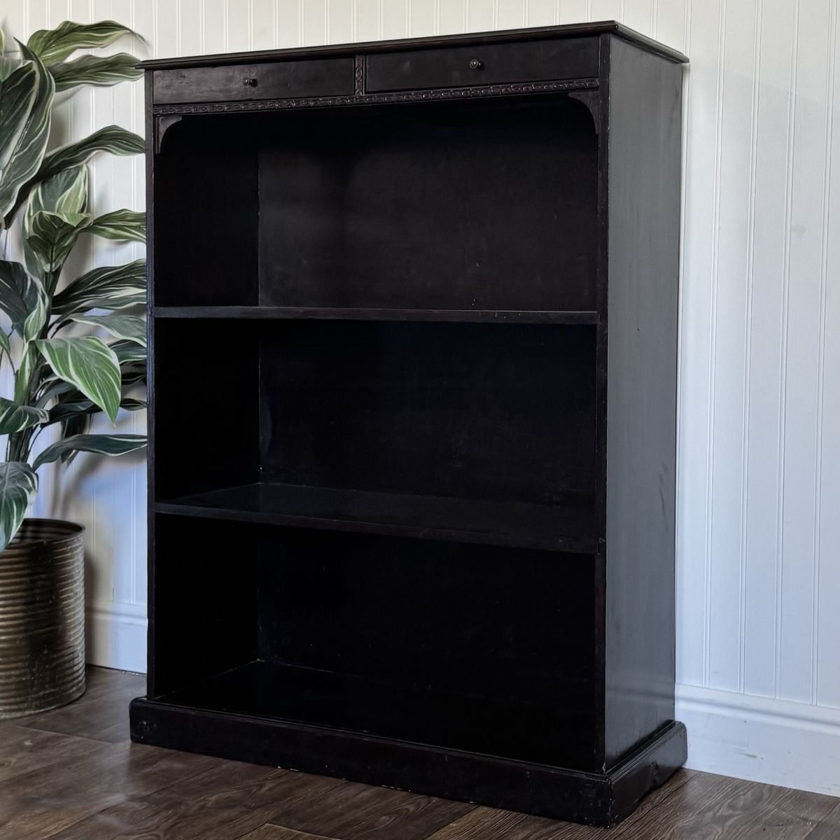 Vintage Black Ebonized Bookshelf with Drawers