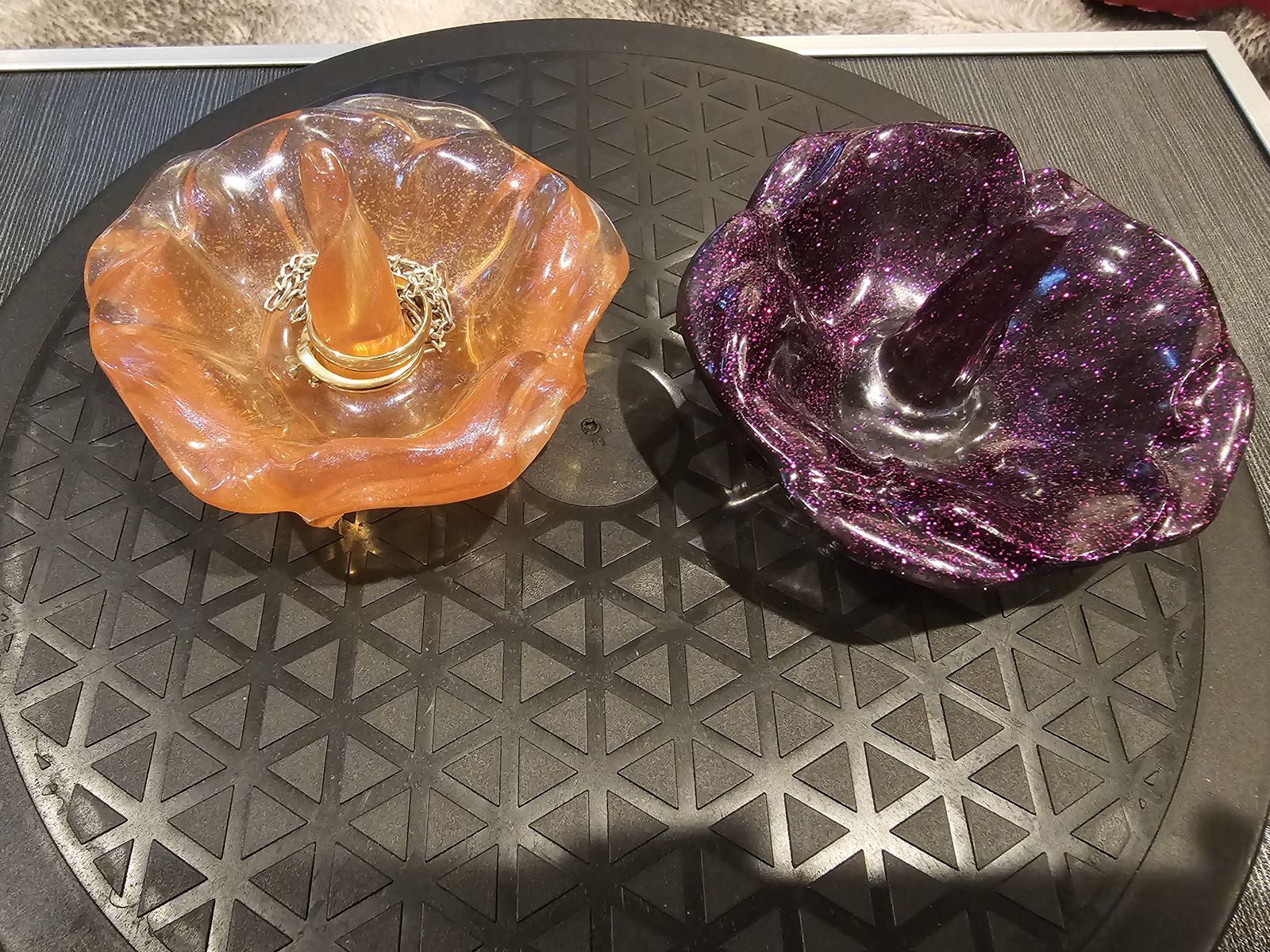 Handcrafted Resin Ring Dish Holder Set - Orange and Purple Glitter