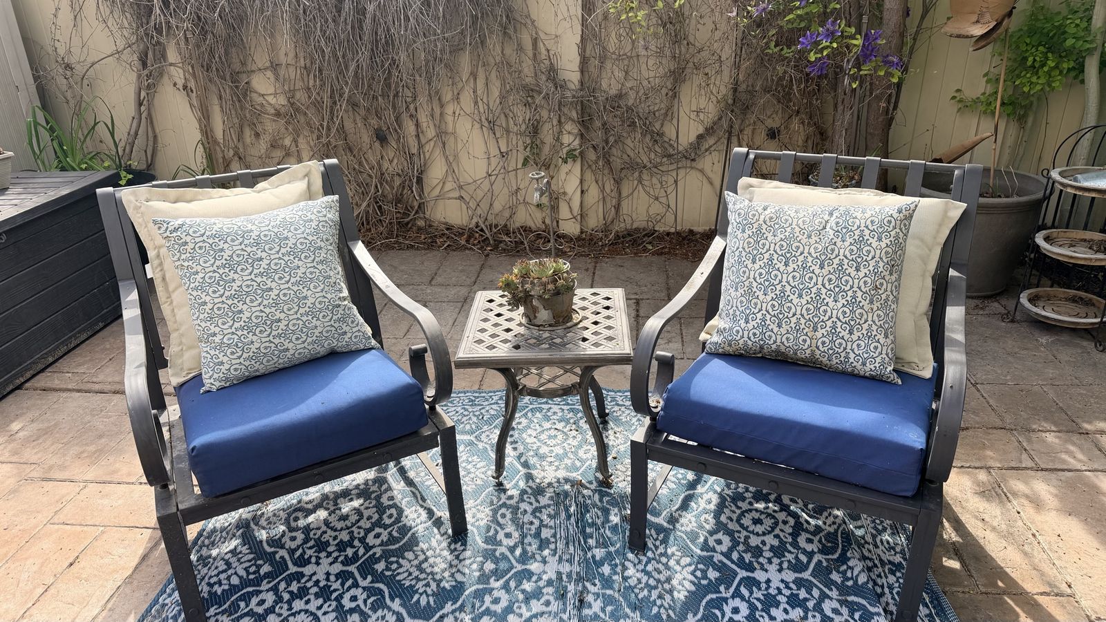 Outdoor Patio chairs and table with cushions