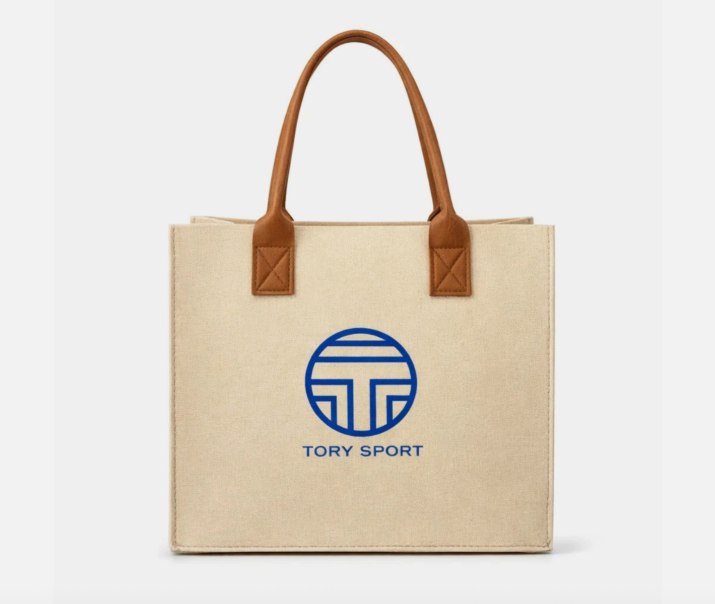 Canvas Logo Tote Bag Large Beige Faux Leather Handle Shopper