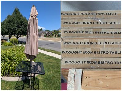 Six Wrought Iron Bistro Tables - Powder-Coated Finish, Six Tan Umbrellas. $300 for all.