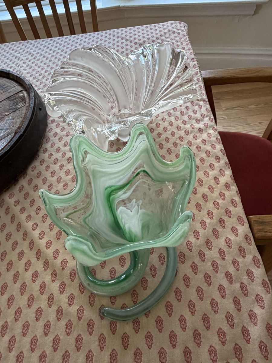 Vintage Clear and Green Swirl Art Glass Centerpiece Bowl and Wavy Shell Dish Set