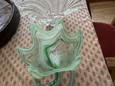 Vintage Clear and Green Swirl Art Glass Centerpiece Bowl and Wavy Shell Dish Set