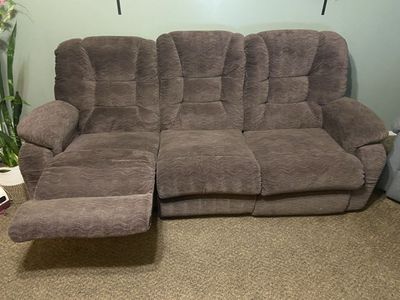 Brown Fabric Reclining Couch - Three Cushion Sofa, two recliners. $100.00 OBO