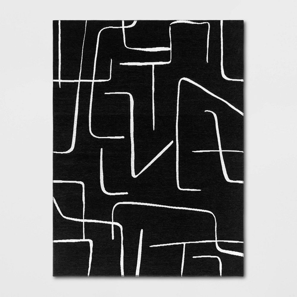 New! 7.10"x10' Abstract Lines Area Rug Black and white