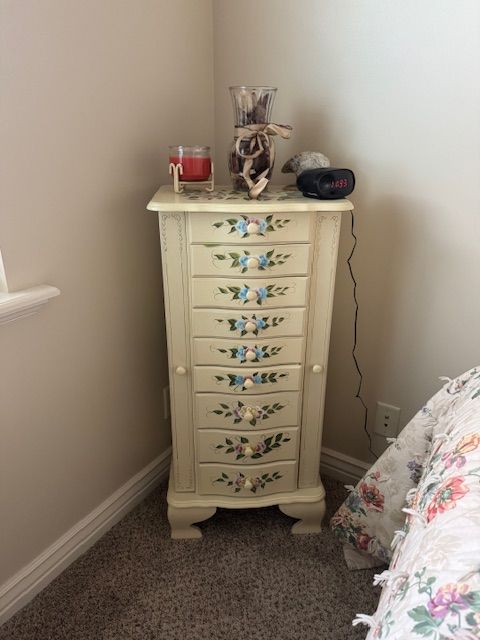 Vintage Hand-Painted Floral Jewelry Armoire Cabinet – Multi-Drawer Jewelry Chest