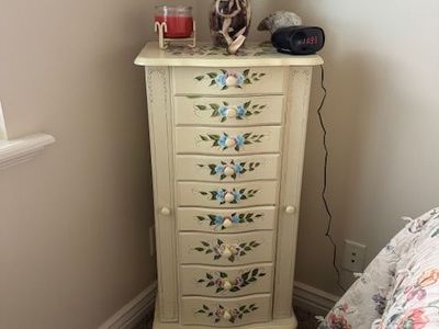 Vintage Hand-Painted Floral Jewelry Armoire Cabinet – Multi-Drawer Jewelry Chest