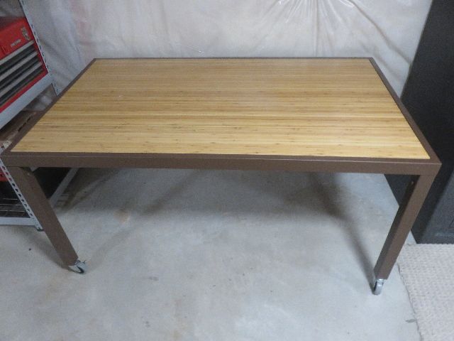 HEAVY DUTY STEEL TALL TABLE WITH ROLLAWAY CASTERS THAT LOCK - AND A GREAT FAUX WOOD TABLE TOP!
