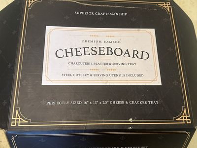 Premium Bamboo Cheeseboard Charcuterie Platter & Serving Tray 16"x13" with Steel Cutlery