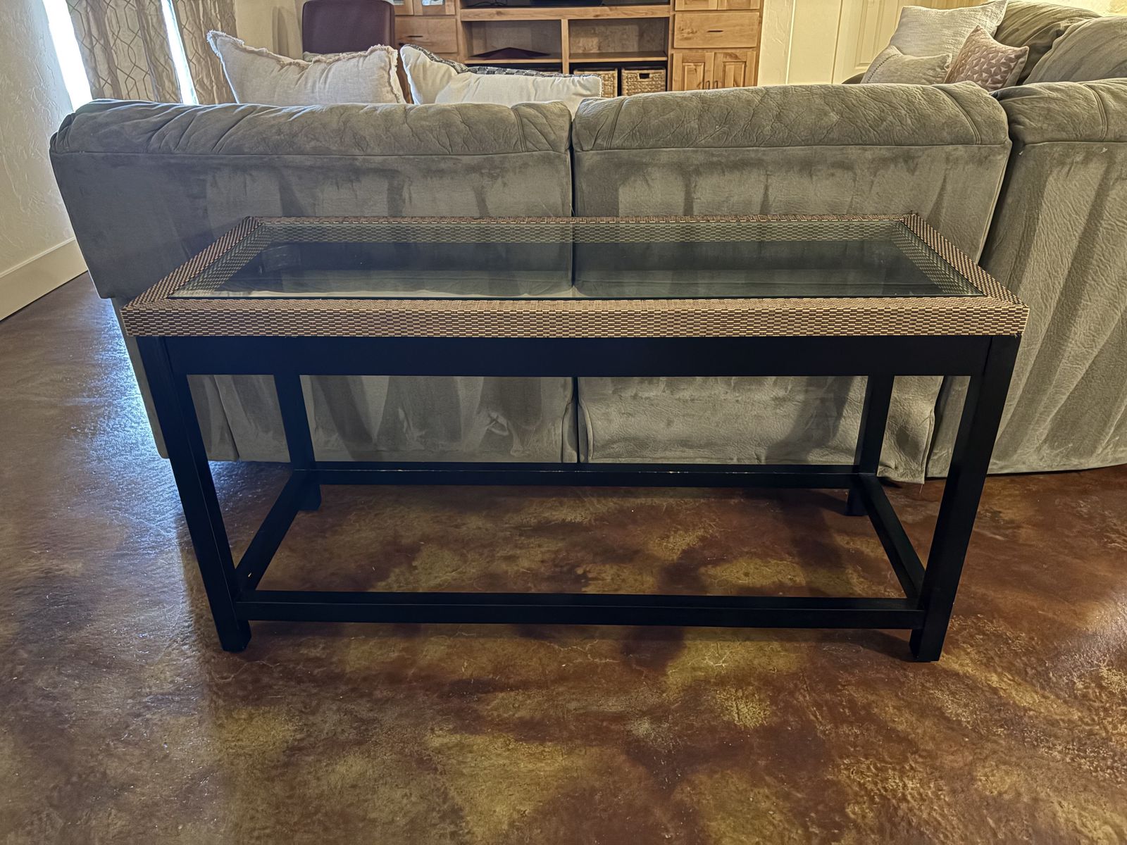 Pottery Barn Wicker, wood and glass sofa table, accent table $80 cash/venmo in Draper