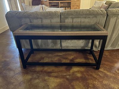 Pottery Barn Wicker, wood and glass sofa table, accent table $80 cash/venmo in Draper