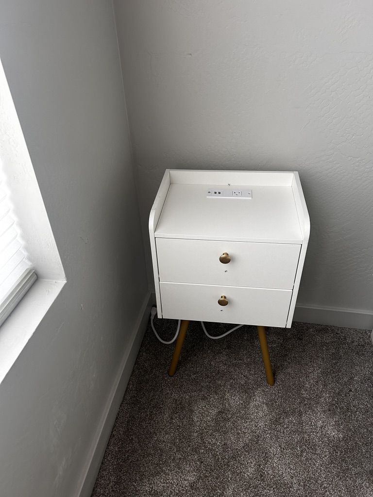 Nightstand, White And Gold With Usb Port