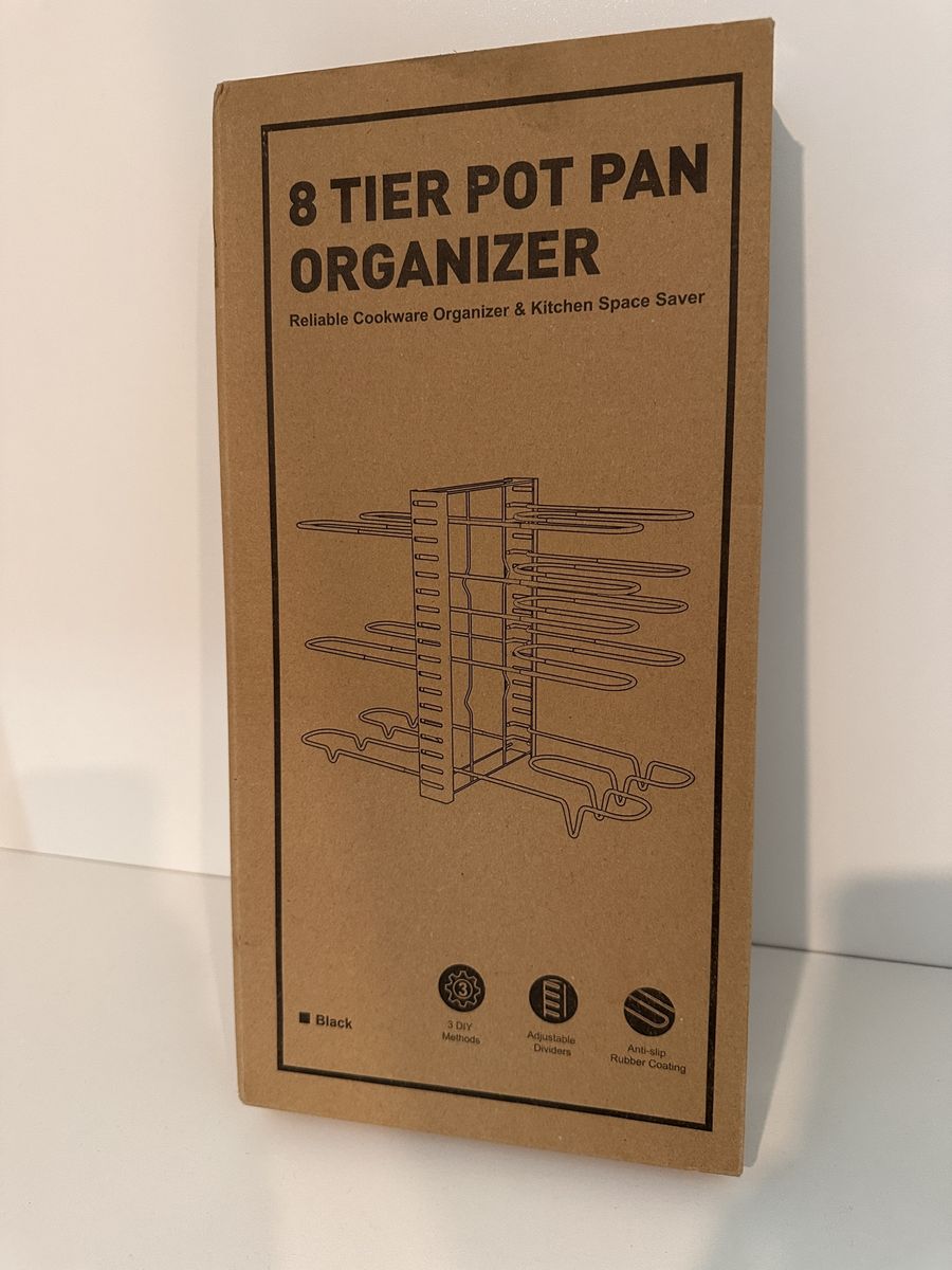 8 Tier Pot Pan Organizer - Metal & Rubber - Adjustable, Anti-slip Cookware Rack, Black Kitchen Space Saver