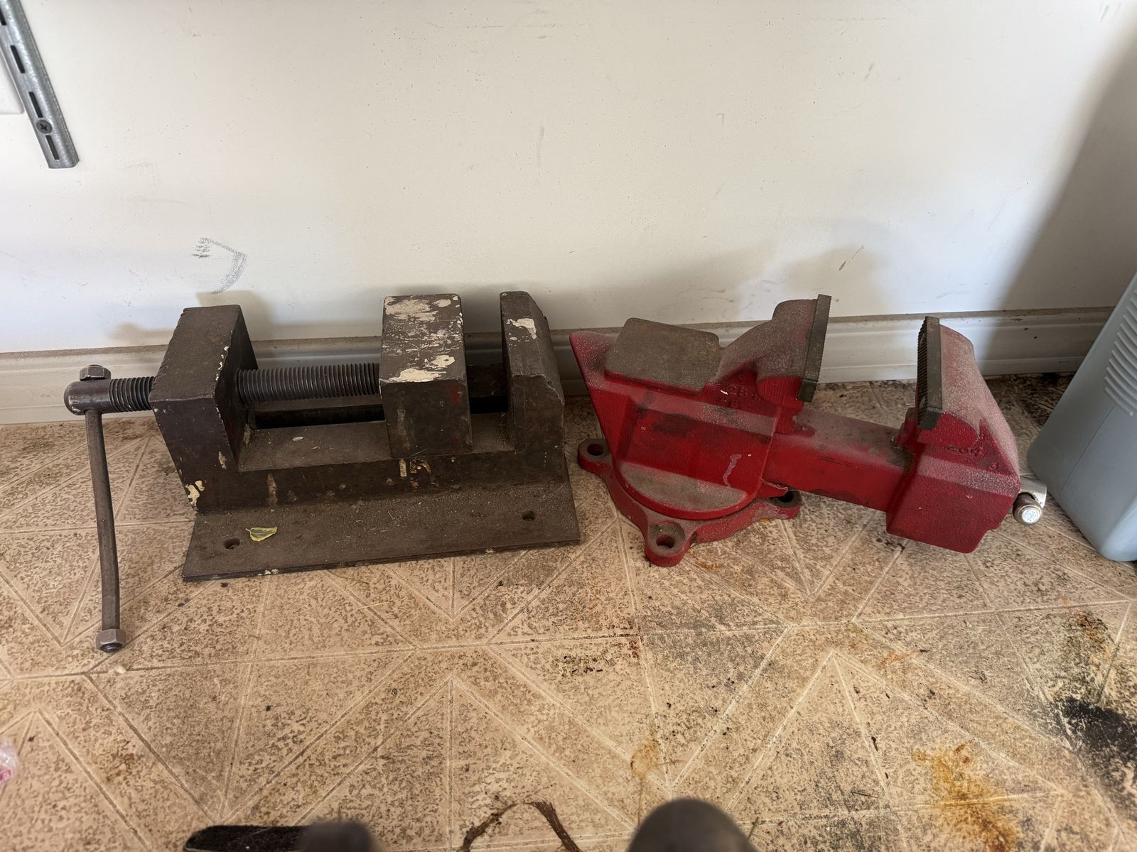 Pair of Used Heavy Duty Vises - Red Swivel Base and Large Bench Vise