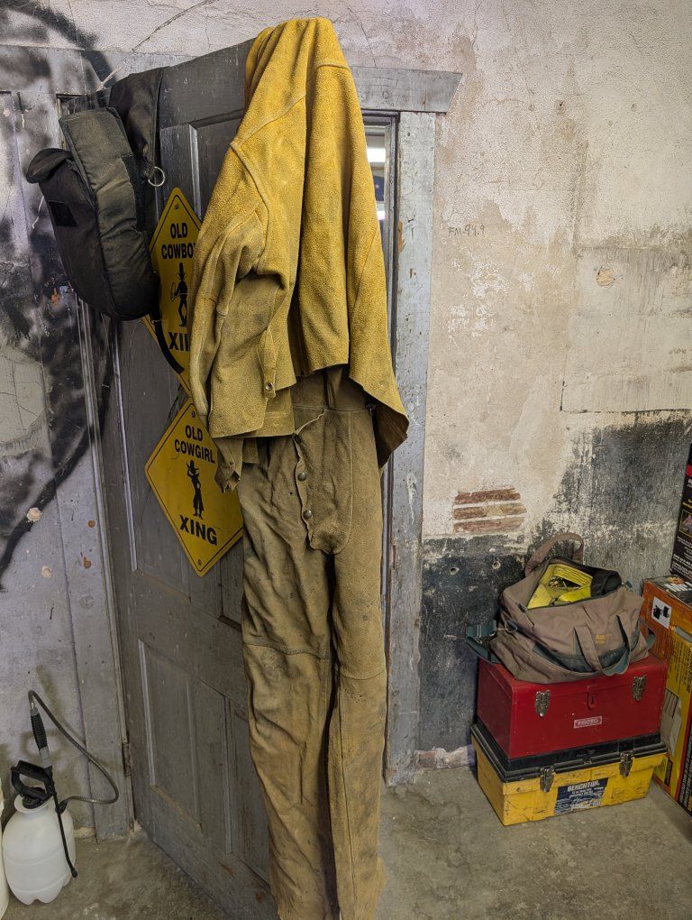 Leather Welder's Jacket and bibbs coverals  Set - Durable Workwear, Tan jacket xxl bibs I am 5.11 or 6'