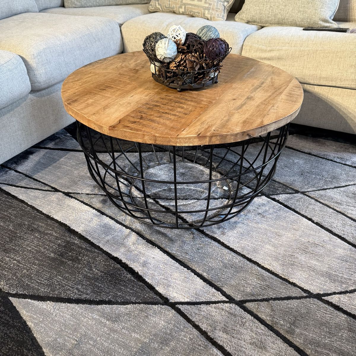Round Wood and Metal Basket Coffee Table