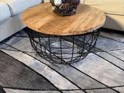 Round Wood and Metal Basket Coffee Table