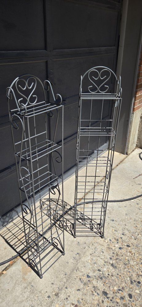 Pair of Tall Wrought Iron Scrollwork shelves, 49" H, Gray