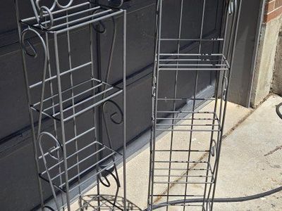 Pair of Tall Wrought Iron Scrollwork shelves, 49" H, Gray