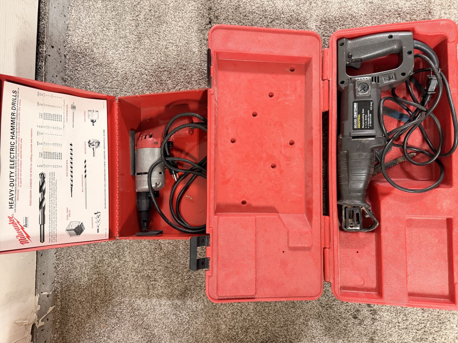 Vintage Milwaukee Hammer Drill & Sears Craftsman Industrial Reciprocating Saw Set with Cases