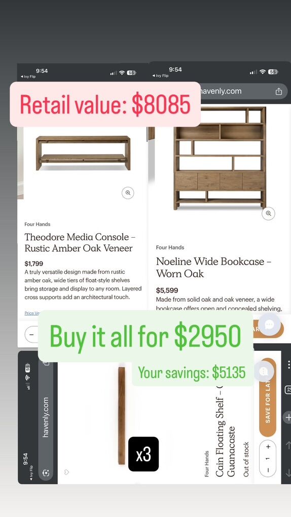 Four Hands Media Console Shelves Bookcase Bundle