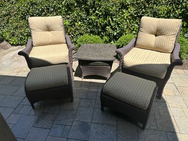 Large Patio Chairs, granite table and ottomans