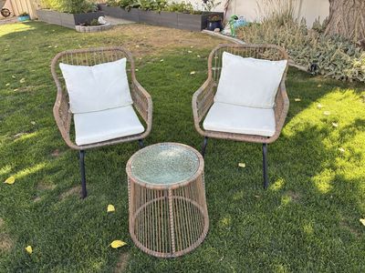 3-Piece Outdoor Wicker Patio Bistro Set with Glass Tabletop & Cushions - Brown/Beige
