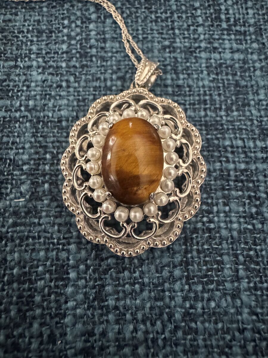 New Amazing Treasure Tiger’s Eye and Water Fresh Pearls Pendant Necklace in Sterling Silver .925