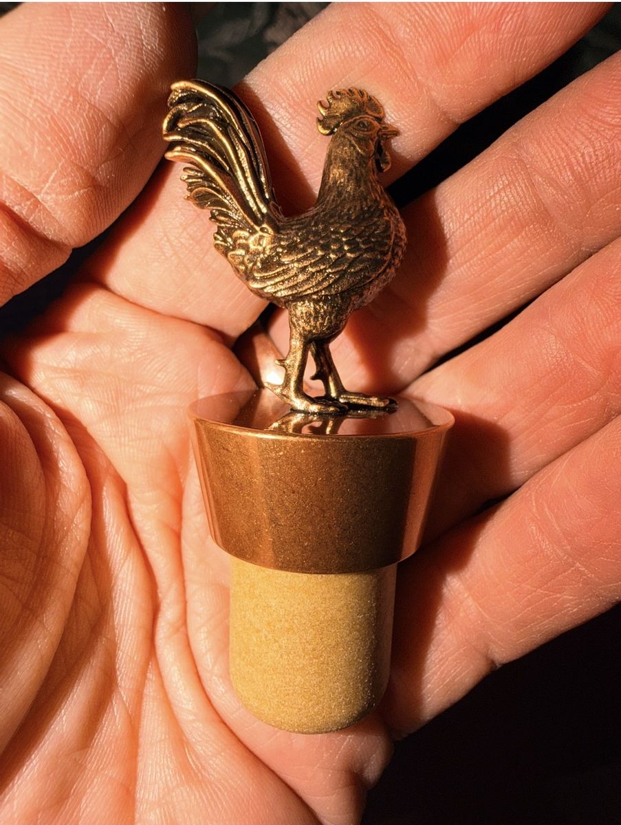 New. 5 Rooster Wine Bottle Stoppers, Gold Tone Metal & Cork, Farm Animal Decor