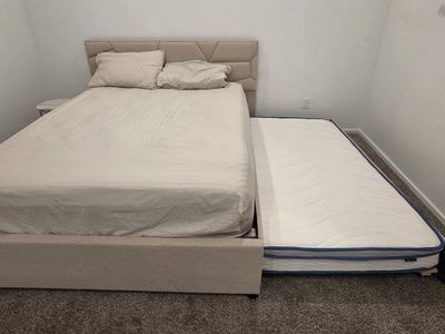 Queen Bed Set + Twin Trundle + 2 Mattresses + Nightstand