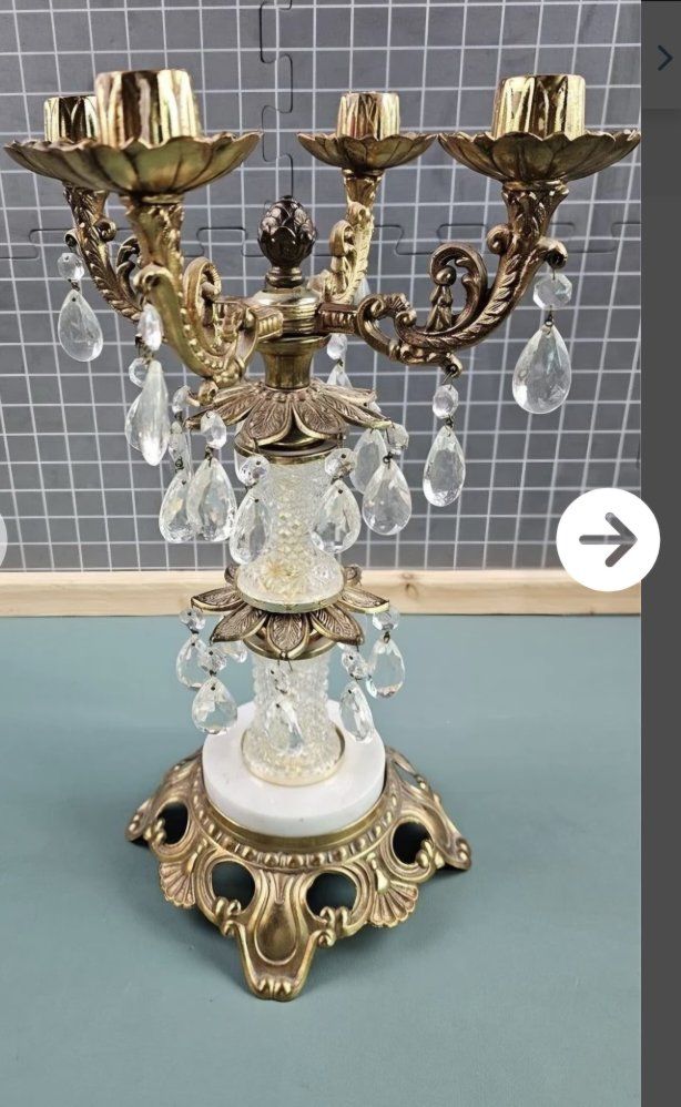 Accurate Cast Brass & Crystal Candelabra Candle Holder, Ornate Vintage Home Decor, 11.5" Tall