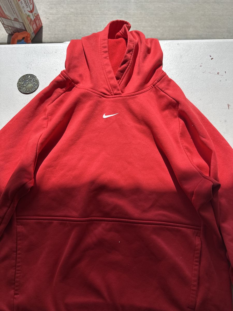 Nike Red Youth Hoodie - Sateen Cotton Pullover with White Swoosh, Size 7/8, Excellent Condition