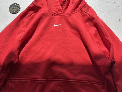 Nike Red Youth Hoodie - Sateen Cotton Pullover with White Swoosh, Size 7/8, Excellent Condition