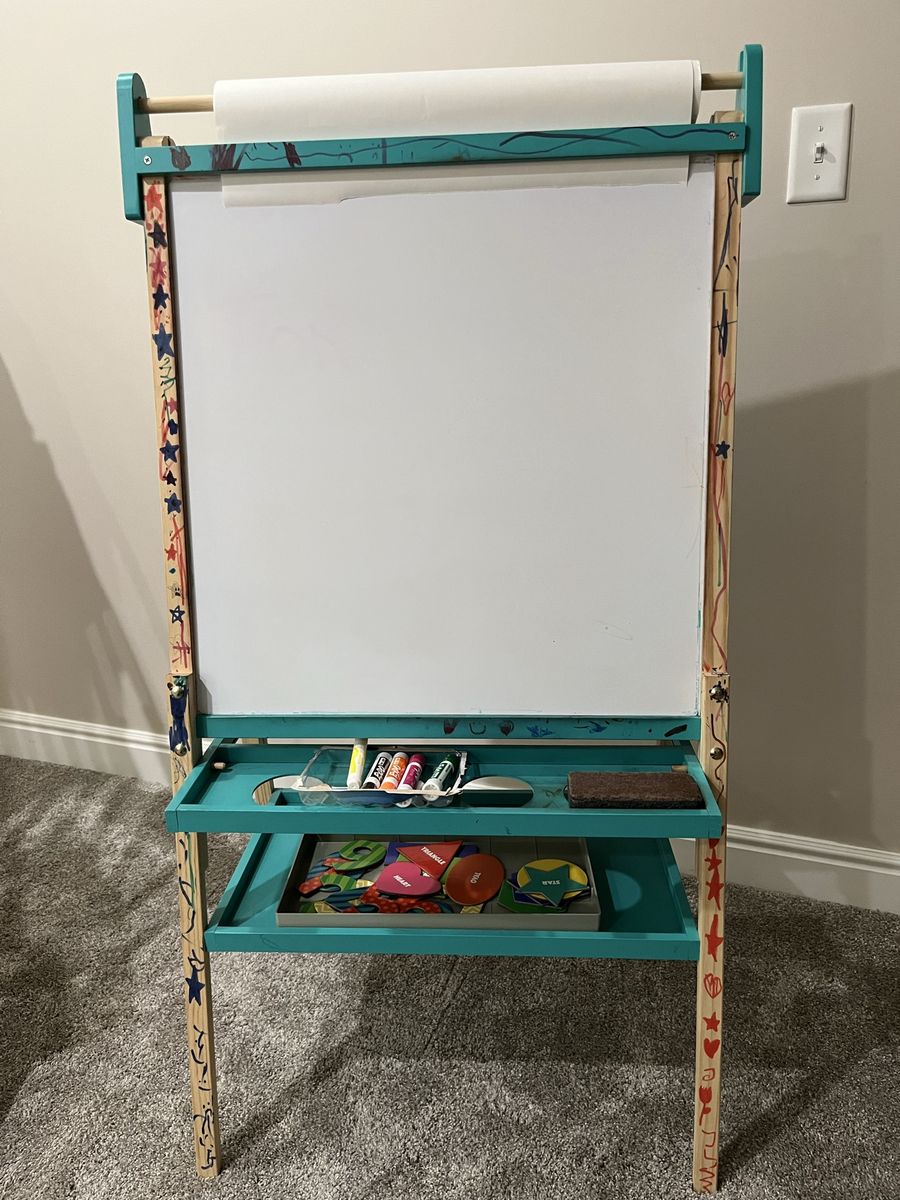 Kids Wooden Art Easel with Whiteboard, Chalkboard, and Paper Roll - Teal/Natural Wood