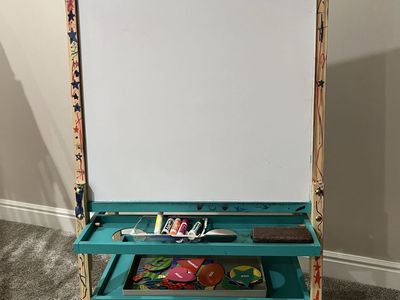 Kids Wooden Art Easel with Whiteboard, Chalkboard, and Paper Roll - Teal/Natural Wood