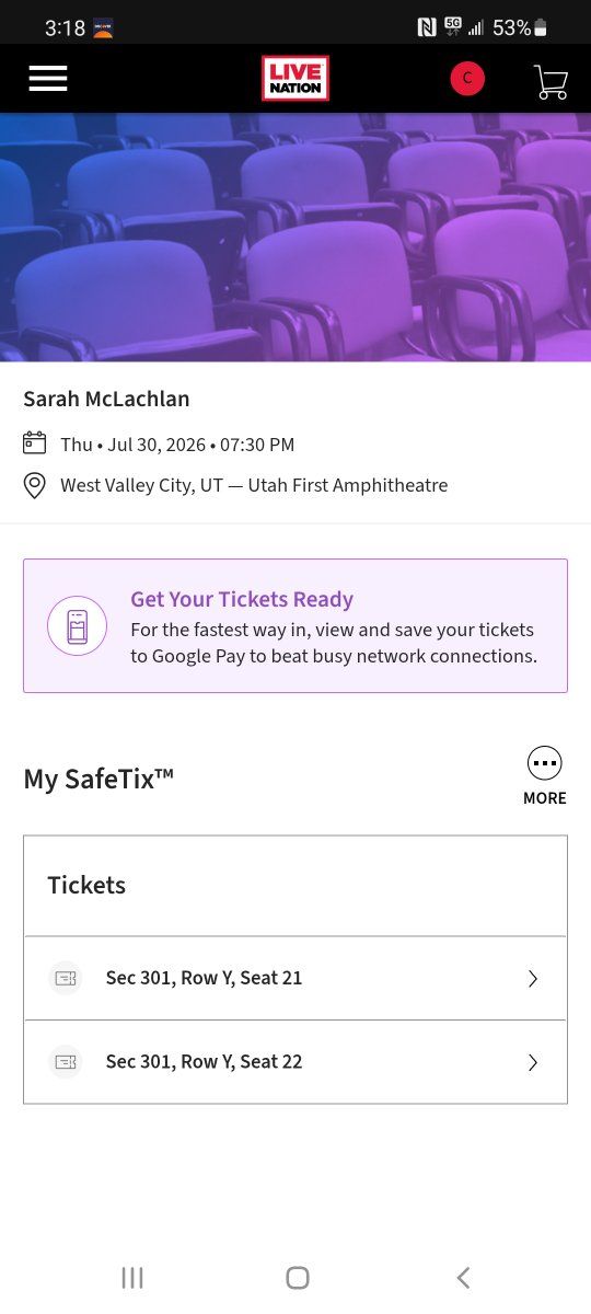 Sarah McLachlan tickets, 2x Sec. 301