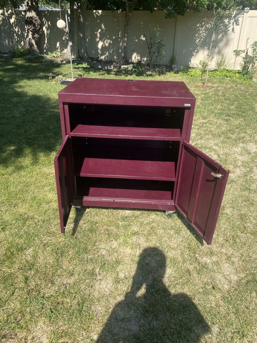 Maroon Metal Rolling AV Storage Cabinet with Locking Doors