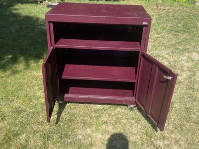 Maroon Metal Rolling AV Storage Cabinet with Locking Doors