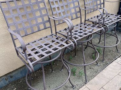 3 Bronze Metal Outdoor Swivel Bar Stools - Patio Furniture Set